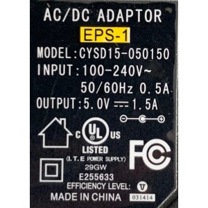 CARGADOR / ADAPTADOR DE FUENTE DE ALIMENTACION AC/DC ADAPTOR / VCA-VCD / NUMERO DE PARTE CYSD15-050150 / EPS-1 / ENTRADA VCA 100-240~ 50/60HZ 0.5A / SALIDA VCD 5.0V 1.5A / MODELO CYSD15-050150